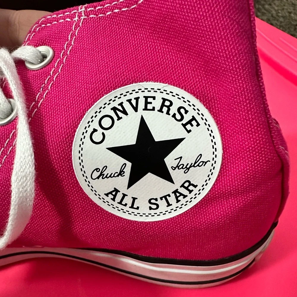 Pink high top platform converse